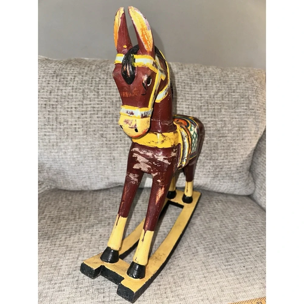 Vintage Wooden Rocking Horse -‎ Hand Carved, Painted 18 by 16 - Nursery Decor